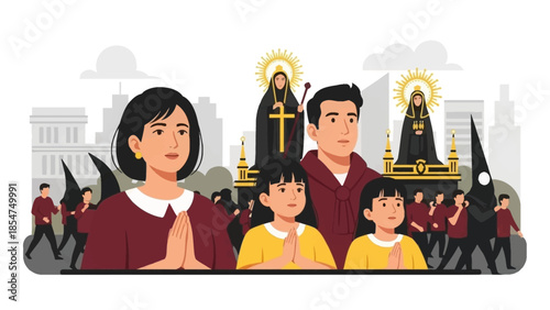 This flat design illustrates a family in Manila, dressed in traditional colors, reverently observing the Feast of the Black Nazarene procession. 