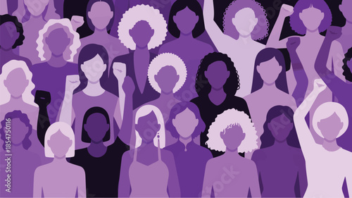 Many diverse women with varied hairstyles and raised fists stand united in shades of purple for equality