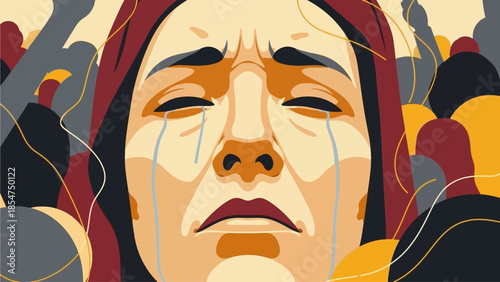 A powerful flat design close-up capturing the raw emotion and deep devotion on a devotee's face during the Feast of the Black Nazarene in Manila. It reflects the intense personal experience of faith a