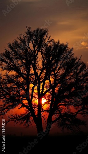 Dark, stark tree silhouette against a dramatic sunset sky, casting long shadows,  twilight,  evening
