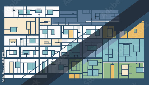 Aerial View of an Abstract Geometric Architecture Design with Various Shapes and Colors