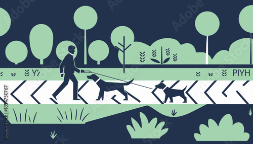 Man walking dogs in a serene park landscape on a clear day with trees and bushes around