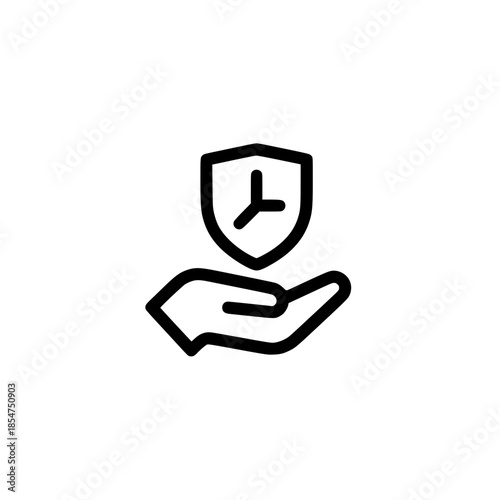 Clock inside shield above hand concept of punctuality safety privacy protection and trusted security