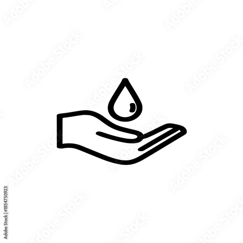 Water droplet icon above open hand symbolizing purity care protection and environmental safety concept