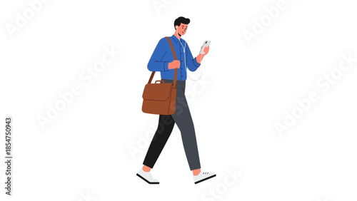 Man walking while using a mobile phone and carrying a bag