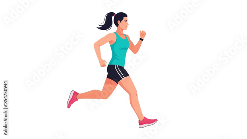 A young woman jogging alone on a clear day with a vibrant outfit and determined expression