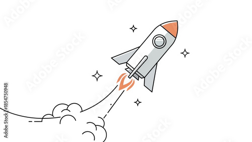 A rocket ship soaring into the sky with flames and smoke trailing behind