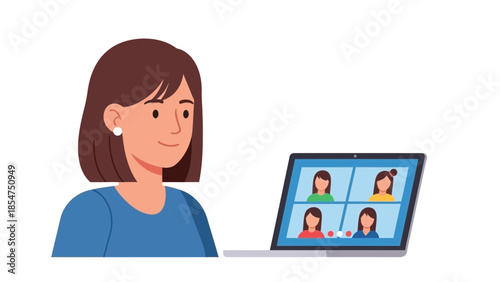 A woman participates in a video conference call with four colleagues on her laptop.