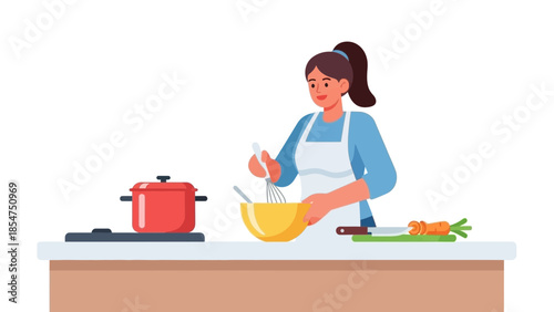A woman preparing a meal in a kitchen, stirring a bowl with ingredients on the counter.