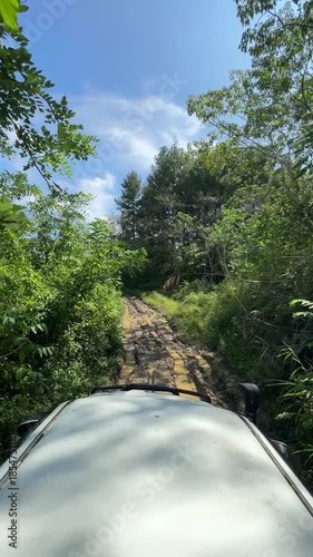 Vertical POV from a car cabin driving through a muddy, damaged dirt road in a forest. Capturing extreme off-road conditions, poor infrastructure, and rural adventure in a tropical environment.