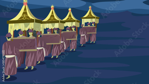 Night Procession of Royal Guards Carrying Litters in Traditional Southeast Asian Style