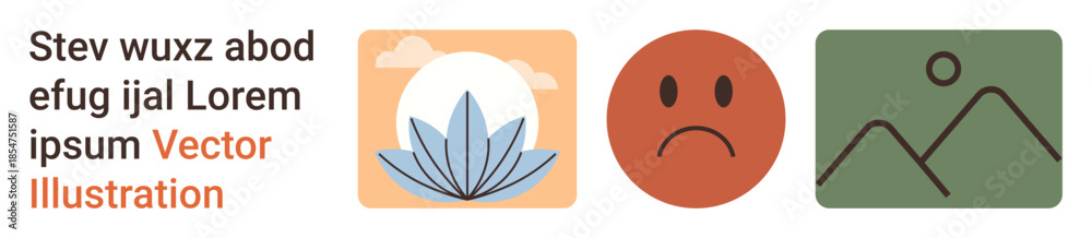 Fototapeta premium Mental health, mindfulness, emotions, environmental awareness, minimalism, visual storytelling. A lotus flower, sad face mountain symbol with circle. Mindfulness and emotions conceptual design