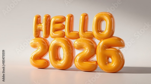 Lettres gonflables orange formant HELLO 2026 sur fond beige clair
