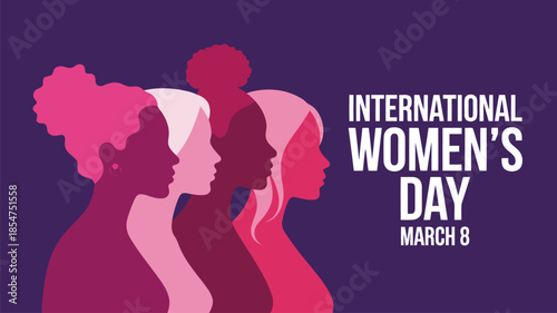 Silhouettes of four diverse women stand together for International Womens Day on March 8th