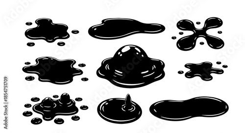 A collection of black cartoon ink splatters, droplets, and glossy puddles of various shapes and sizes, featuring highlights and ripples, isolated against a plain white background