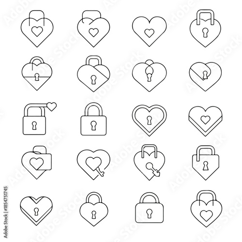 Collection of heart shaped padlocks in various styles arranged on white surface representing love and security with minimalist aesthetic.