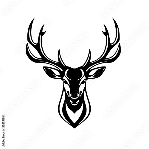 Stylized deer head illustration in a frontal view with strong symmetrical antlers extending upward, rendered in a graphic black-and-white color scheme, featuring a minimalist and flat vector art style