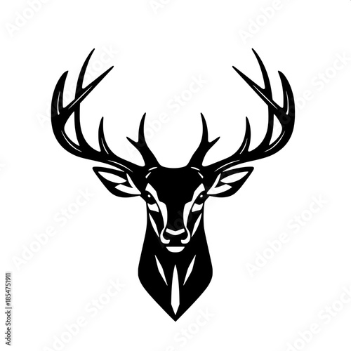 Stylized deer head illustration in a frontal view with strong symmetrical antlers extending upward, rendered in a graphic black-and-white color scheme, featuring a minimalist and flat vector art style