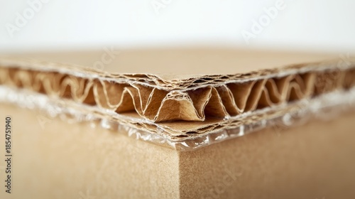 Extreme close-up of cartoon-styled cardboard corner showing detailed corrugation layers, semi-translucent tape application with tiny air bubbles trapped underneath, against clean white background