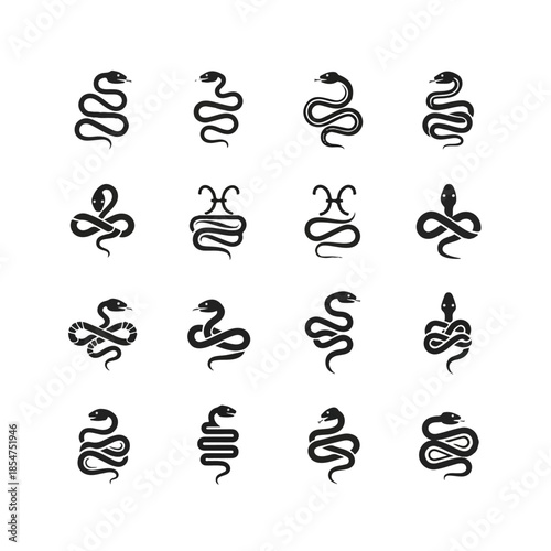 Collection of snake glyphs coiled in various poses against white backdrop evoking mystery and ancient symbolism.