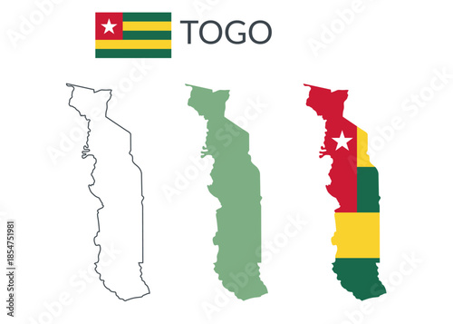 Togo geographical borders isolated on white background. Flag of Togo. Vector flat cliparts.