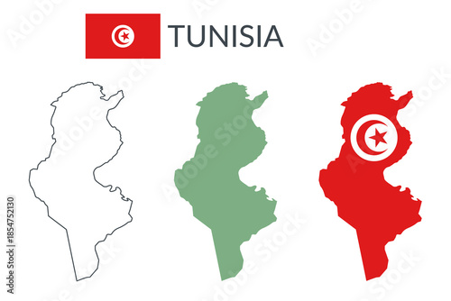 Tunisia geographical borders isolated on white background. Flag of Tunisia. Vector flat cliparts.