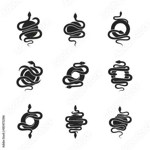 Snakes coiled around circles in various poses, depicted as simplistic black silhouettes against a white backdrop, creating a mystical and symbolic aesthetic.