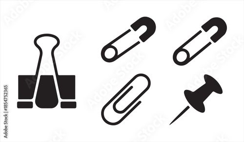 Collection of stationery fastener icons in simple black silhouette style on white background