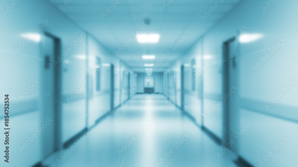 Fototapeta premium Workers silhouette in hospital corridor, unfocused background. corridor in hospital
