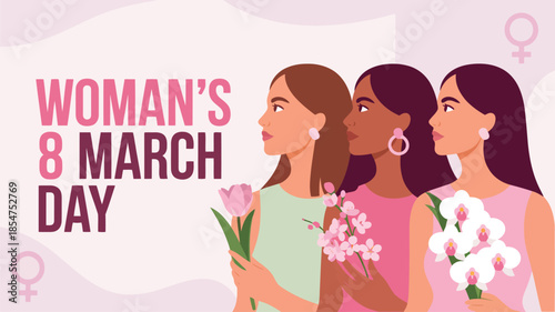 Three diverse women celebrating Womans 8 March Day holding various fresh flowers
