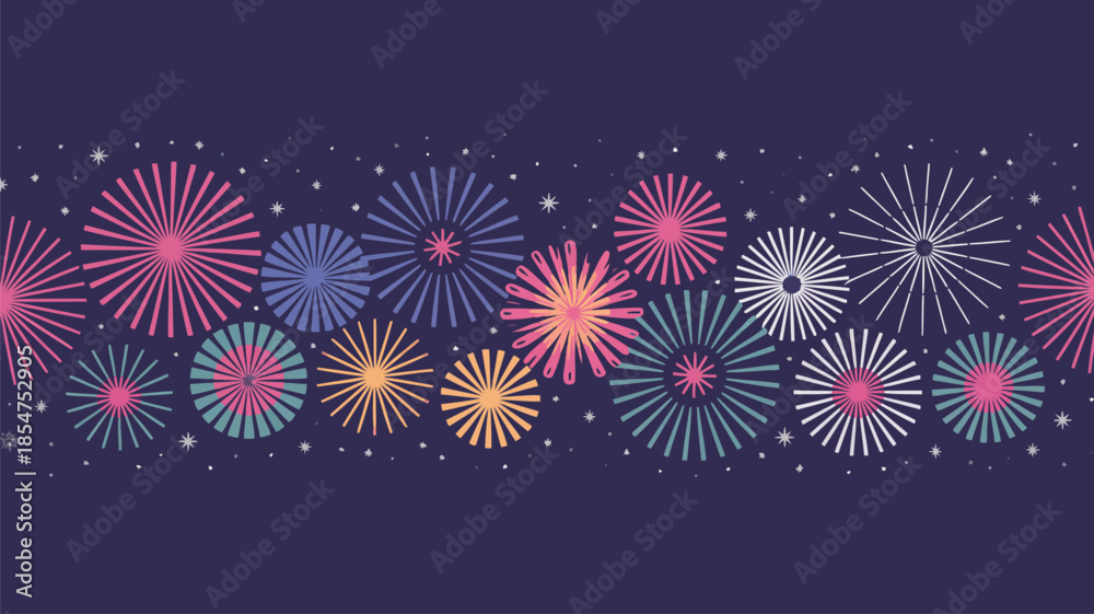 Fototapeta premium Vibrant stylized fireworks explode in a continuous festive pattern across a dark deep purple background with tiny stars