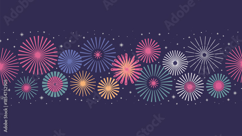 Vibrant stylized fireworks explode in a continuous festive pattern across a dark deep purple background with tiny stars