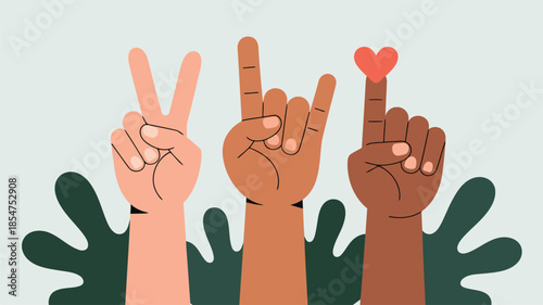 Three diverse hands show peace rock and roll and love gestures symbolizing unity and solidarity