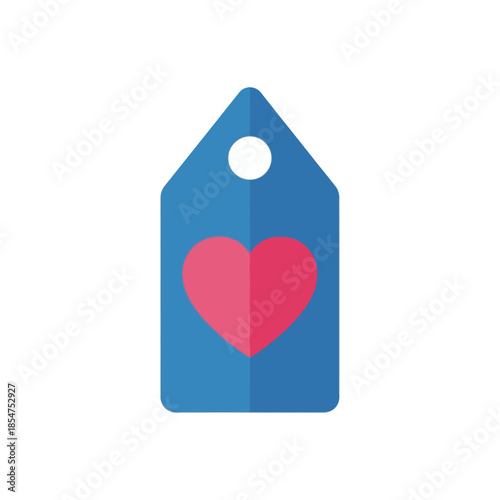 A blue tag with a pink heart symbol in the center, featuring a hole at the top, on a white background.