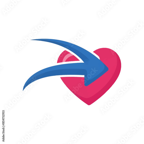 Blue arrow swiftly passing through a vibrant pink heart, symbolizing sharing, love, and connection.