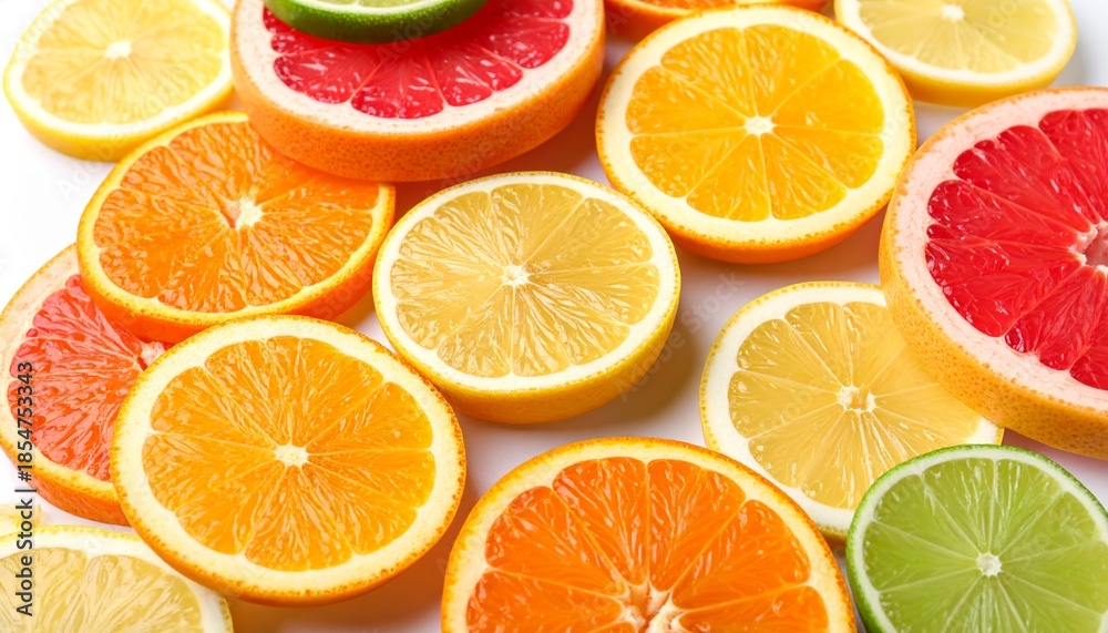 Fototapeta premium The background image features fresh citrus fruits, including juicy oranges, lemons, and limes