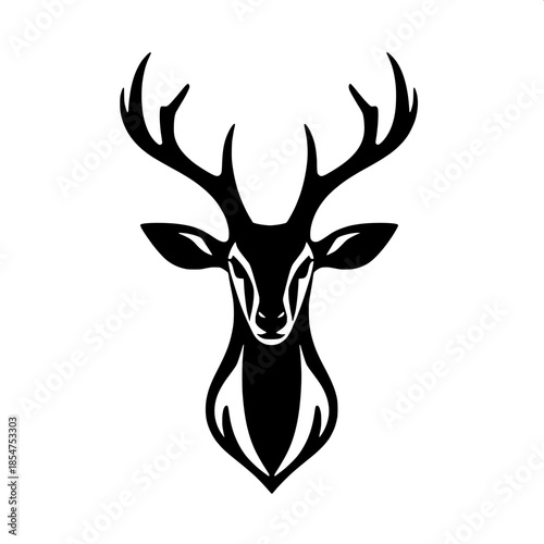 Minimalist black deer head logo with a front-facing symmetrical composition, featuring a solid black silhouette on a pure white background, defined by bold clean lines and a modern emblem design, rend