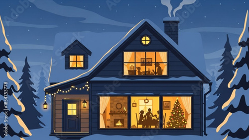 Cozy snow covered house with warm lighting, christmas tree, and family by fireplace at night, surrounded by trees