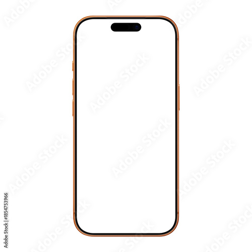 Cosmic orange smartphone. White blank screen. Template for mockup. No background. Front view. PNG