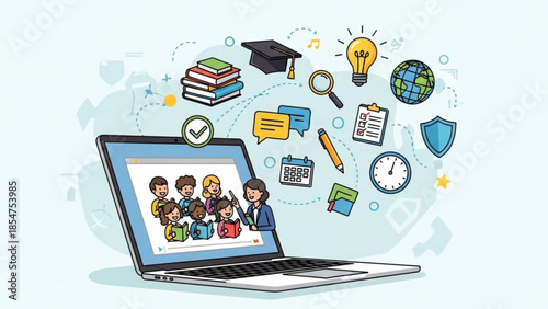 Online education concept with laptop and students learning surrounded by icons of books graduation cap lightbulb and globe on blue background