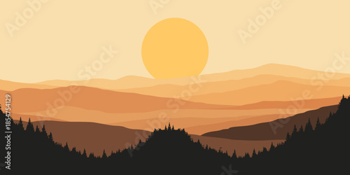 Beautiful landscape illustration featuring hills at sunset, sunrise, snow-capped mountains, trees and beautiful orange valleys. Design Illustration