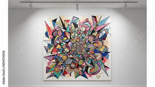 Vibrant abstract art piece with colorful geometric shapes on a white wall in a gallery setting