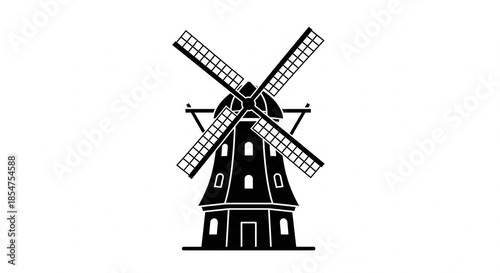 Black and white graphic silhouette icon representing a traditional Dutch windmill structure featuring large rotating sails or blades used historically for grinding grain or pumping water, symbolizing 