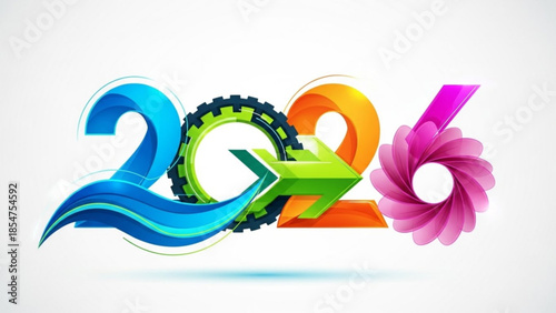 Vibrant colorful 3d illustration of the year 2026 with abstract shapes and arrow