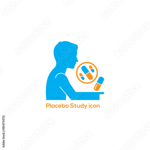 Placebo Study Icon with Doctor Giving Pill to Seated Patient in Flat Blue Orange Style for Clinical Trial Apps

