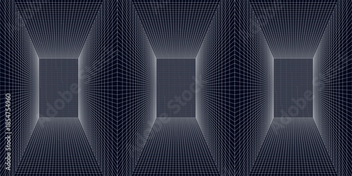 Room projection grid in futuristic 3d style. Outline futuristic grid background, room projection. Wireframe grid template in perspective view