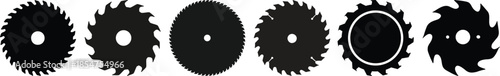 Icon sheet of various buzz saw blades. Silhouettes of circular saw blades with varying number of teeth isolated on a white background. Vector illustration.