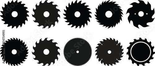 Icon sheet of various buzz saw blades. Silhouettes of circular saw blades with varying number of teeth isolated on a white background. Vector illustration.