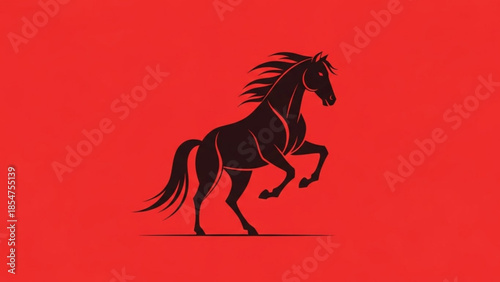 Black horse silhouette rearing on red background strong dynamic animal graphic