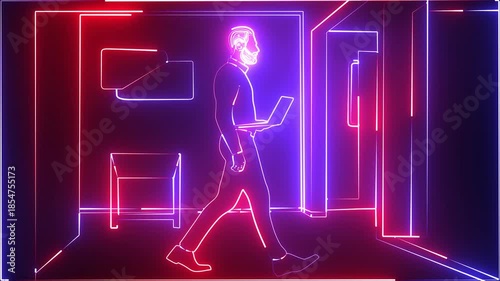 Neon Outline Animation Office Worker at a Desk. The clean, glowing lines on a dark background make it perfect for tech-themed presentations.